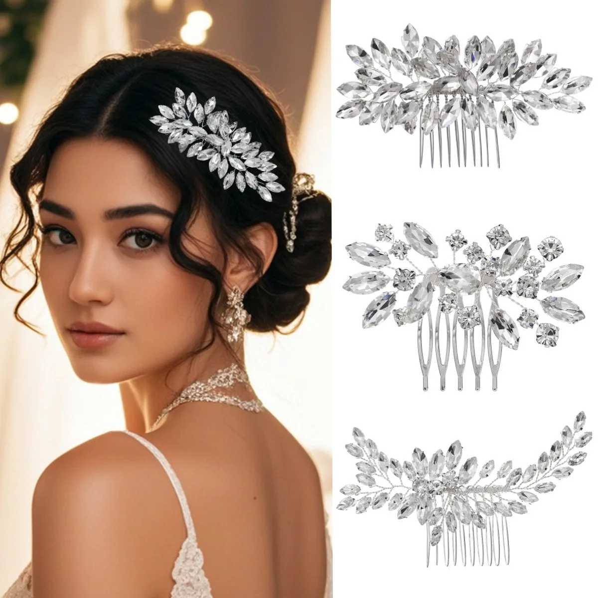 

Silver Crystal Bridal Hair Comb Exquisite Rhinestone Leaf Handmade Bangs Hair Clip Headpiece Daily Headwear For Women