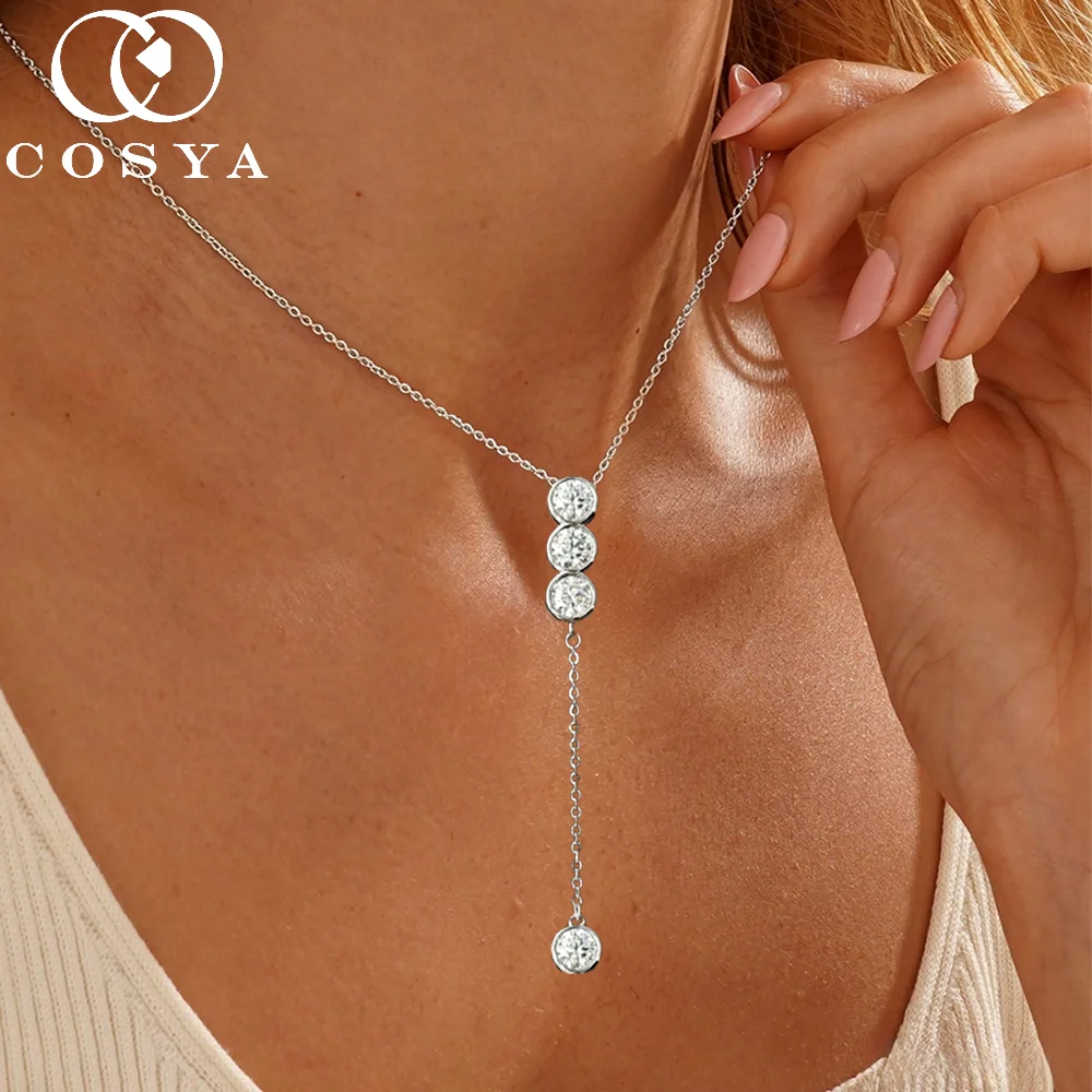 COSYA 3mm/5mm Moissanite Diamond Necklace for Women 100% S925 Silver D Color Bubble Bezel Tassel Chain Certified Fine Jewelry