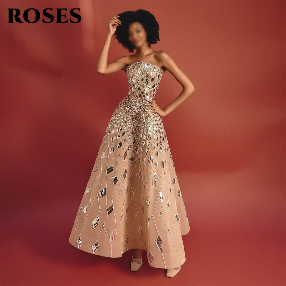 ROSES Champagne Party Dress Strapless Sleeveless Evening Dress with Crystal Ankle Length Prom Gown A Line فساتين سهره Customized