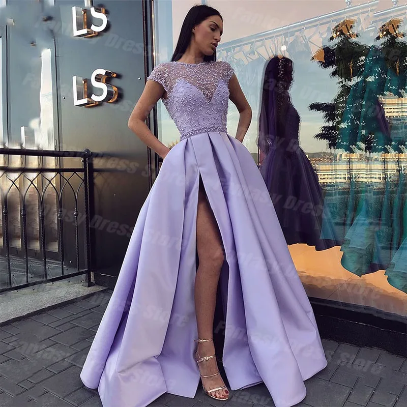 Elegant Purple Lace A-line Evening Dresses Sweetheart Round Neck Short Sleeve Tulle Beaded Side Split Decal Backless Prom Dress