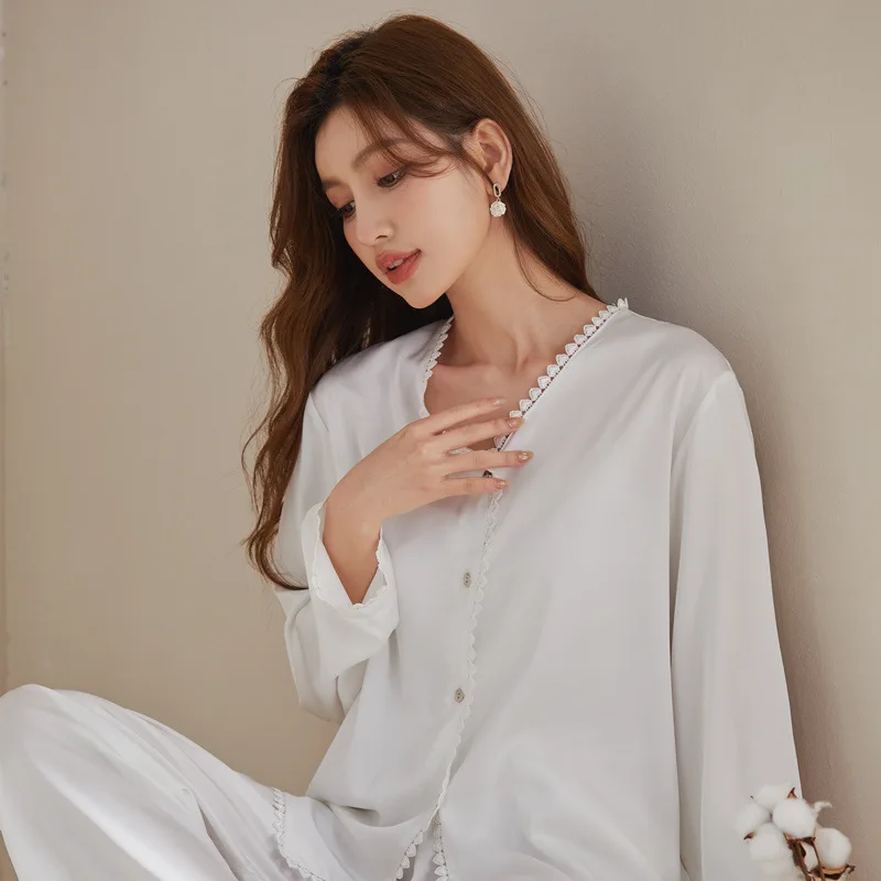 

2025 Autumn Winter Luxury Classis Women Pajamas Ice Silk Two Piece Set Long Sleeve Pants Lace Nightgown Sleepwear Nighty