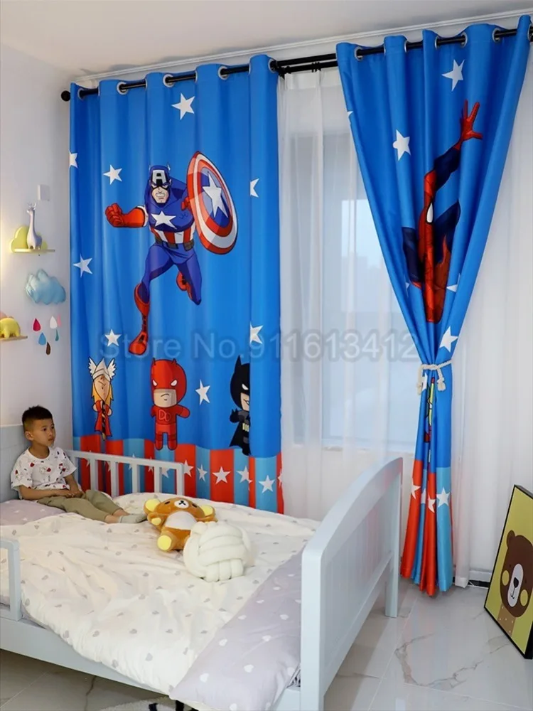 Spiderman Blackout Curtains Blue Window Drapes for Avengers Children Kids Home Decor Bedroom Living Room Custom Curtain