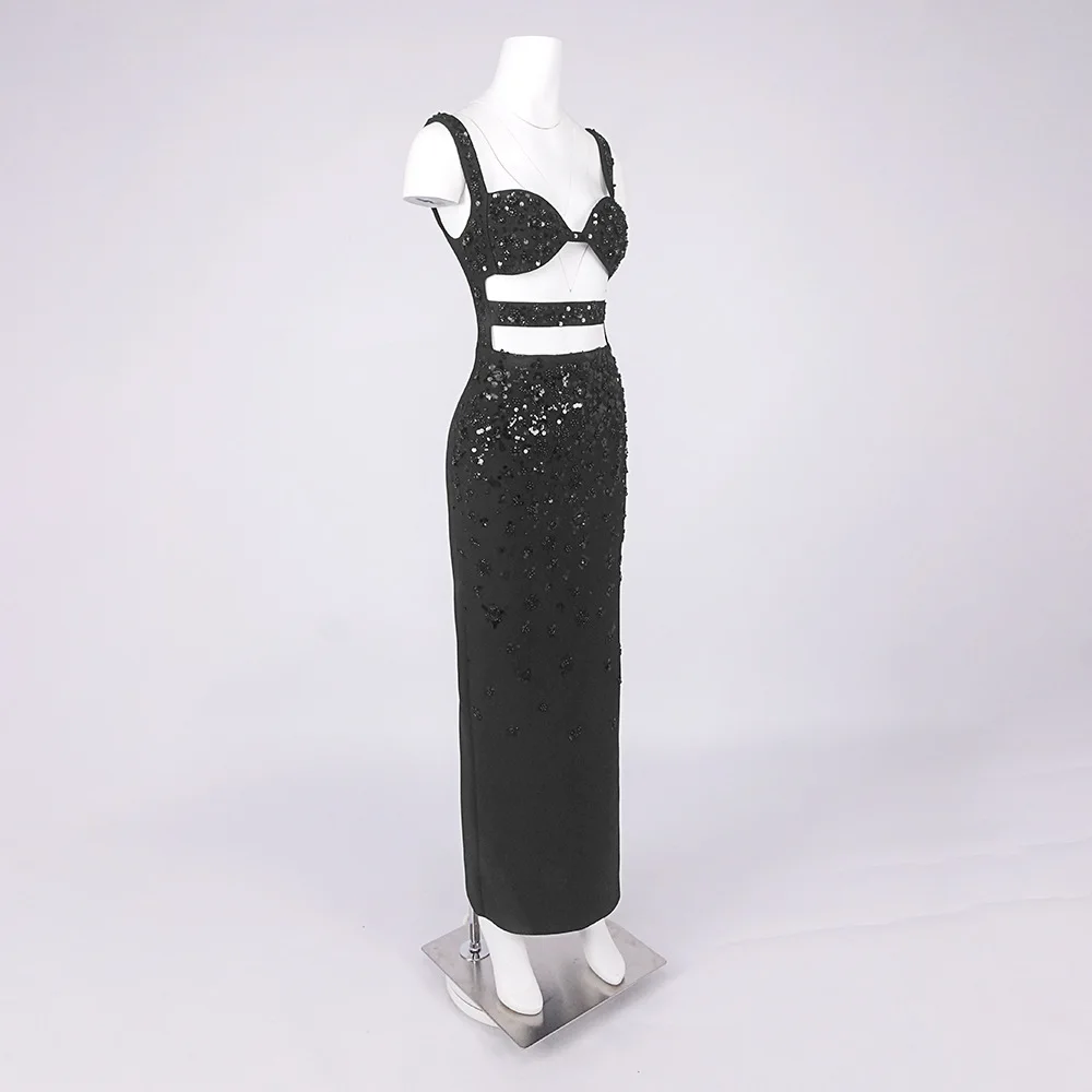Stilvolles schwarzes Maxikleid mit Pailletten und Trägern, rückenfrei, ausgehöhlt, lange Kleider für Hochzeit, Gast, Geburtstag, Party, Abend, Abendessen, Datum