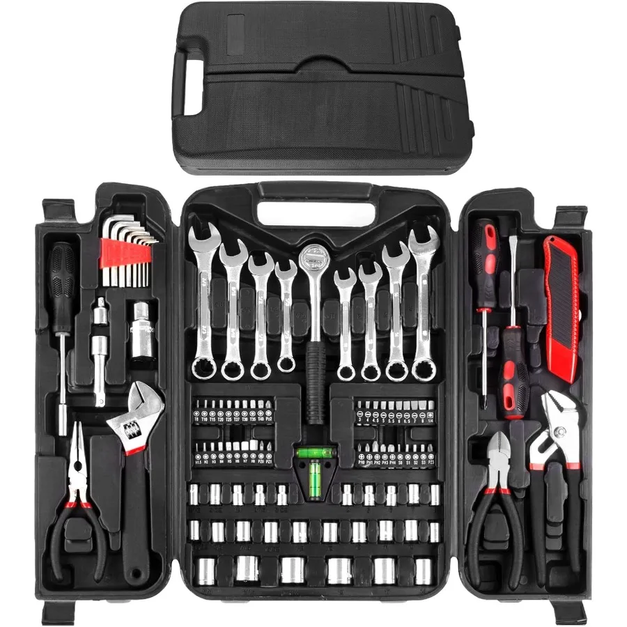 

95Piece Mechanic Tool Set with Adjustable Wrench Pliers Socket Bits and Plastic Toolbox for Home Apartment Garage Use Portable