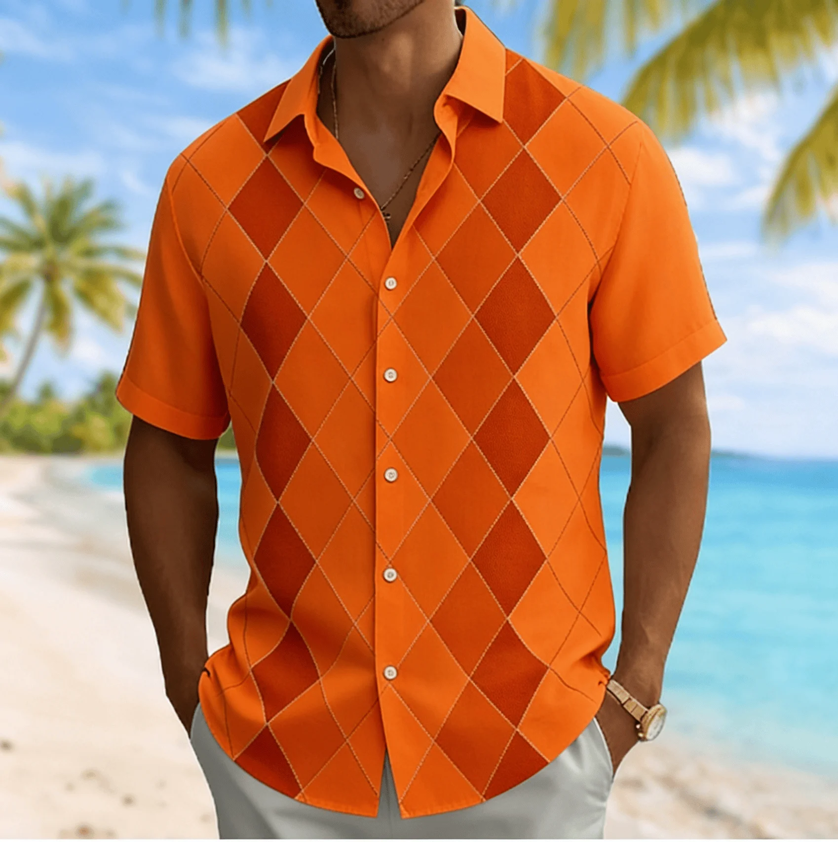 Men's Color Block Argyle Print Short Sleeve Shirt, Spring Summer Casual Commute Turn-Down Collar Blouse, Loose Fit Top