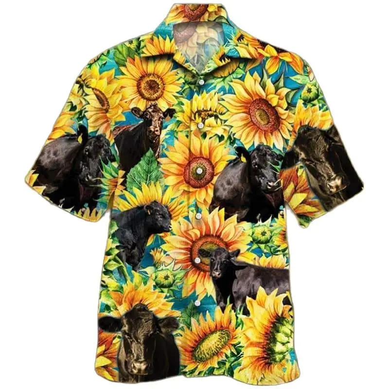 Jumeast 3D Print Black Angus Cattle Lovers Sunflower Watercolor Hawaiian Shirt Farm Cow Farmer Gifttify Men Beach Blouse Clothes