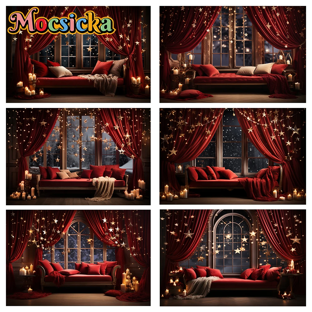 

Mocsicka Winter Christmas Photography Backgrounds Red Theme Couch Holiday Party Family Children Portrait Photo Backdrops Studio