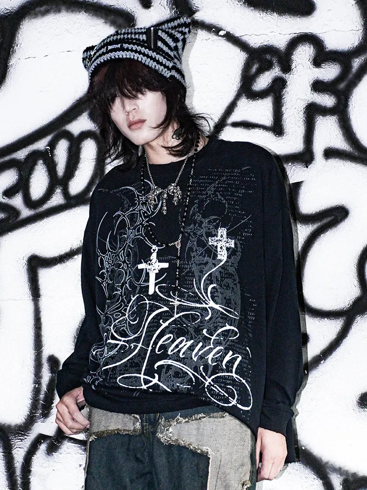 Spring and Autumn New Rock Subculture Dark Punk Gothic Style Men's Loose Casual Printed Round Neck Long Sleeve T-Shirt