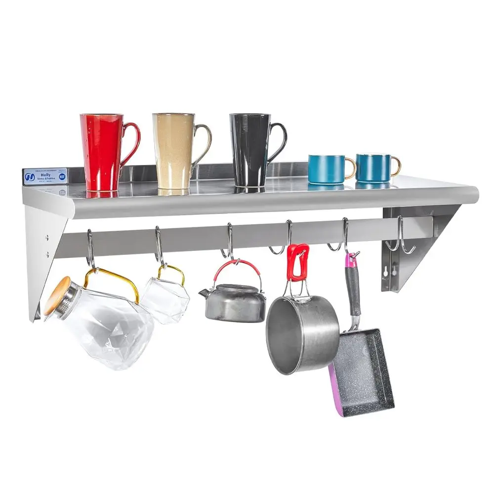 

Настенная полка для кастрюль из нержавеющей стали 14 x 36 с 6 крючками, емкостью 300 фунтов, одобренная NSF для использования на кухне и ресторане.