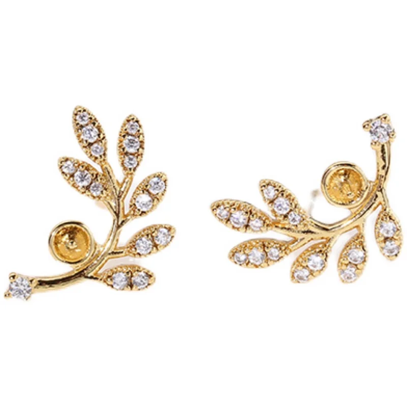 

E064 Gold Plated Copper S925 Sterling Silver Needle Leaf Pearl Stud Earrings Findings Jewelry Making DIY Jewelry Accessories