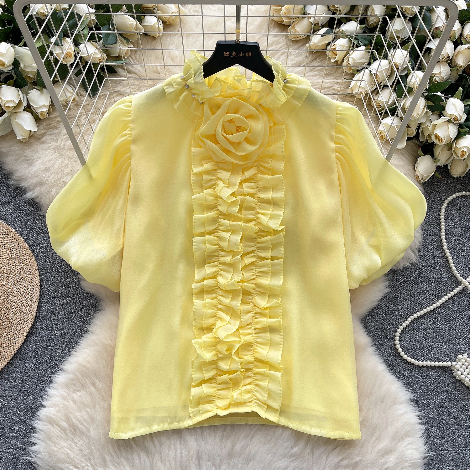 

Women Edible Tree Fungus puff sleeve T Shirt Bodycone Sheer O Neck Tops Female Shirring Tees Y2k Tops Summer
