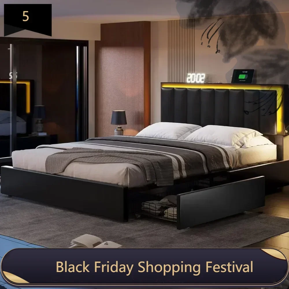 Bed Frame with 4Storage Drawers,LED Light Full Size Platform Bed with Charging Station,Artificial Leather Upholstered Bed Frames