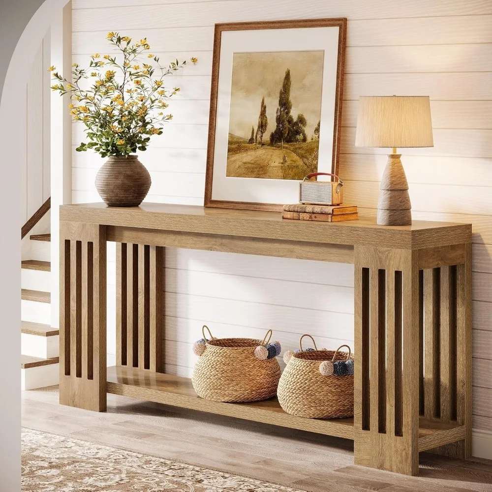 Mesa de console de entrada estilo fazenda longa de 70,9 polegadas com design de duas camadas e pernas de listra vertical