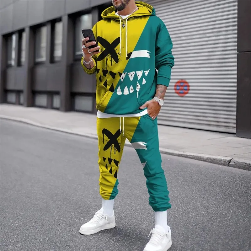 3D Smile Face Print autunno inverno tute felpe con cappuccio da uomo pantaloni tuta pantaloni tute Pullover pantaloni sportivi Casual Streetwear Set