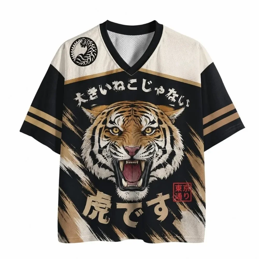 Modisches Neues Design Japanischer Legendärer Krieger-Tiger 3D-Druck Herren- und Damen-V-Neck-Sport-Shirt, Locker Geschnittenes T-Shirt, Street Y2K Familienkleidung – Detail 4