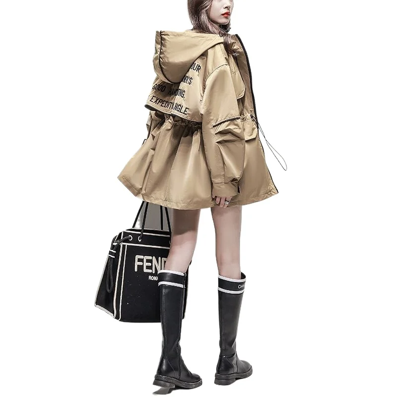 

Jacket Women's Spring/Fall Embroidered Outerwear Loose Fit Slimming Hooded Mid-Length Windbreaker New Arrival Comfortable Casual