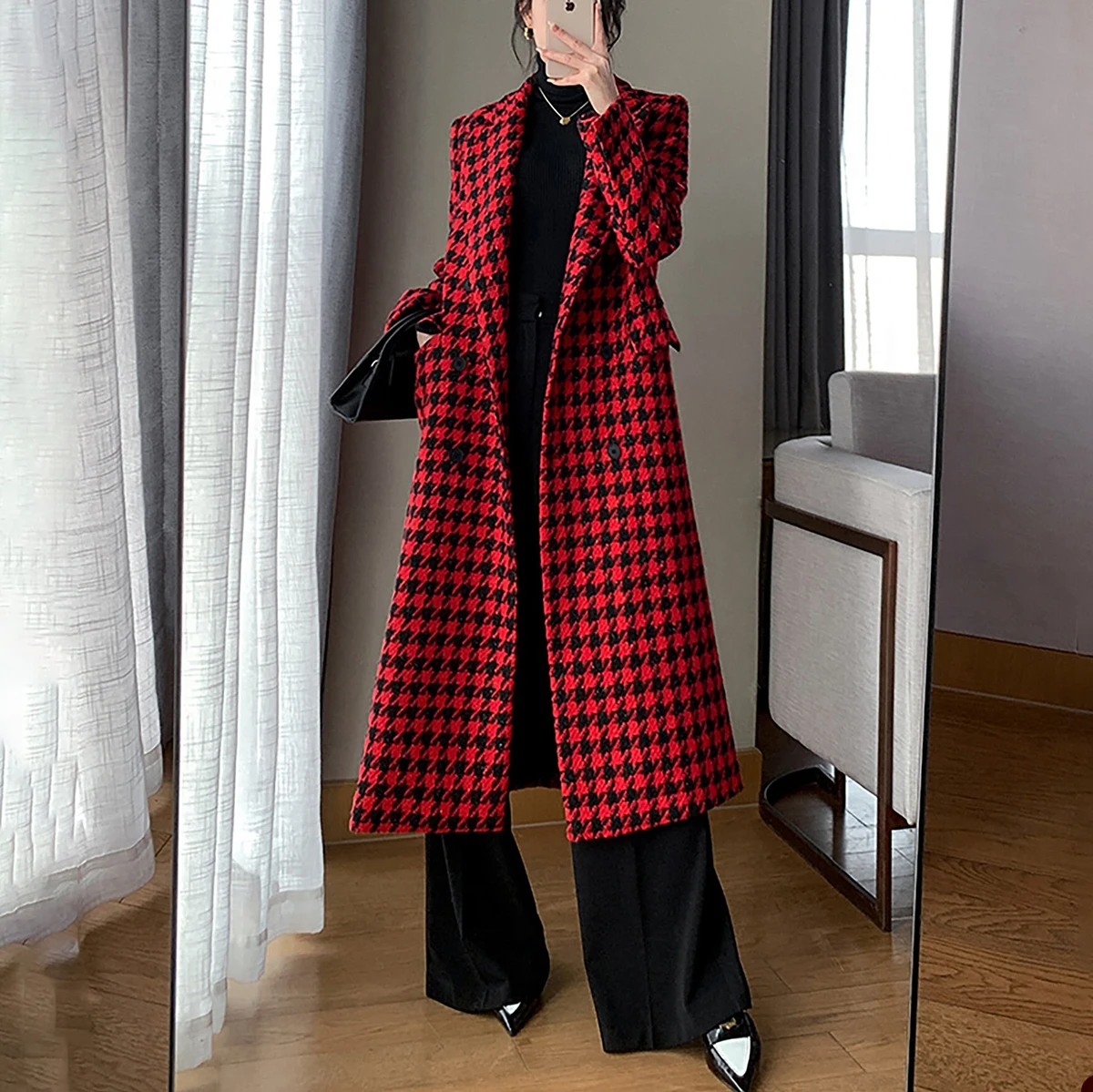 Luxury Winter Autumn Women Long Coat Peak Lapel Houndstooth Overcoat Lady Blazer With Belt Slim Fit Warm Jacket Skirt