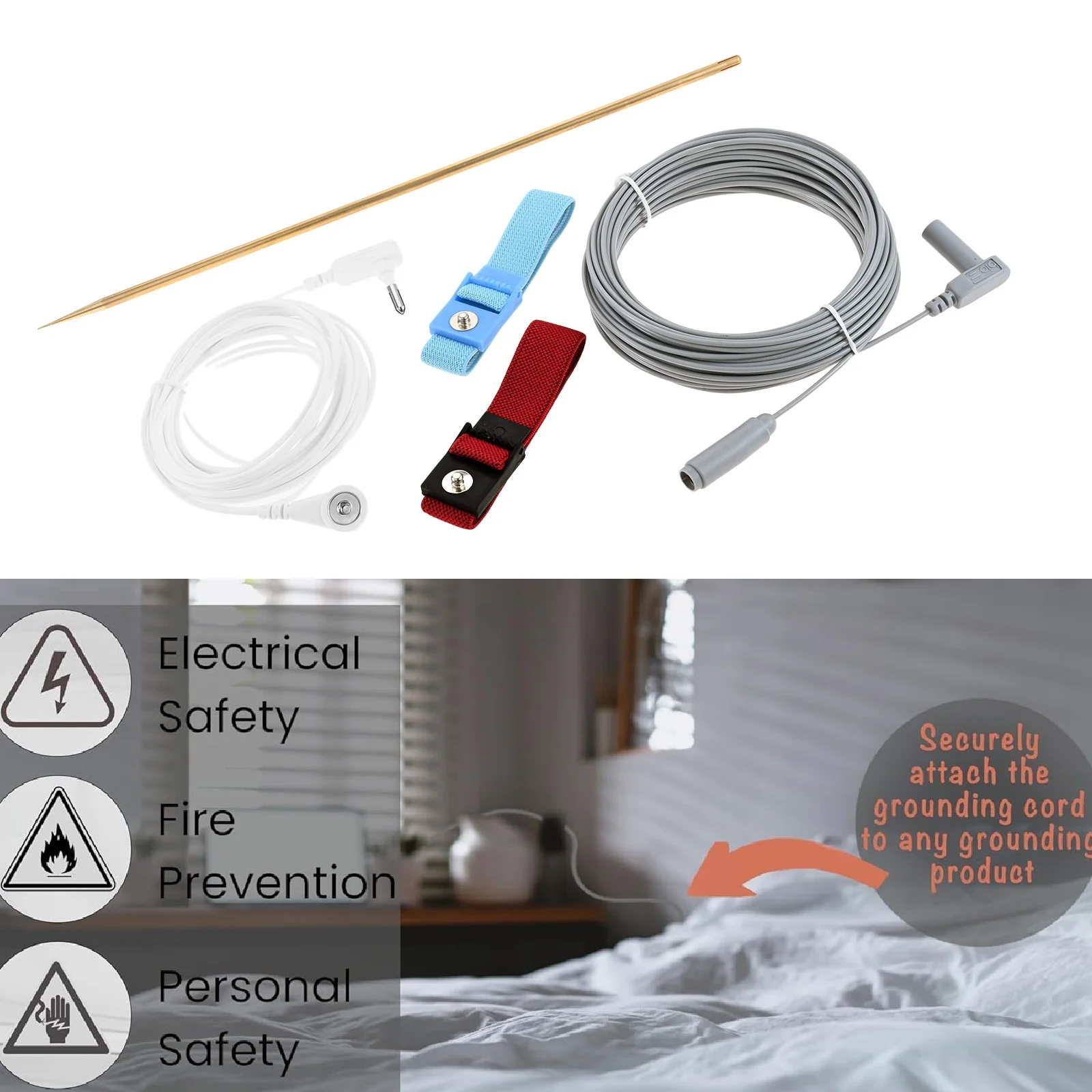 5pcs/set Copper Grounding Rod with 40ft Female Ground Cord 15Ft Male Wire Grounded Earth Connected Pad Blanket Reduce Anxiety