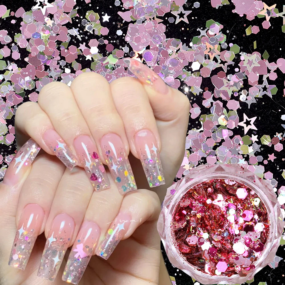 3D Holographic Laser Silver Pink Heart  Nail Art Glitter Flakes Love Stars Shaped Sequins Nails Accessories Fingers Decoration