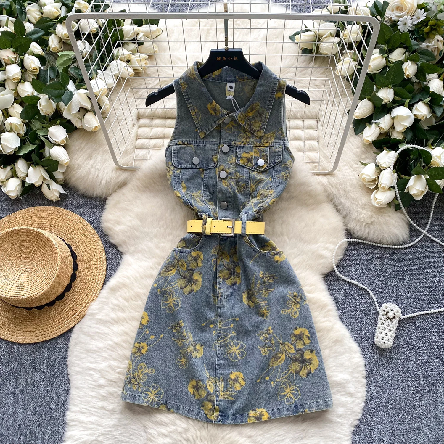 

Printed Sleeveless Denim Dress For Women - Summer Slimming Effect - Sexy A-Line Short Dress