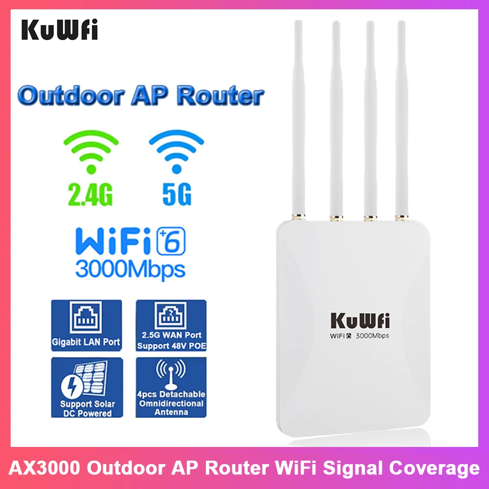 

KuWFi 3000Mbps Outdoor AP Router 2.4G 5G WiFi Long-distance Signal Coverage Gigabit Ethernet Port 48V POE Solar DC Repeater Mode