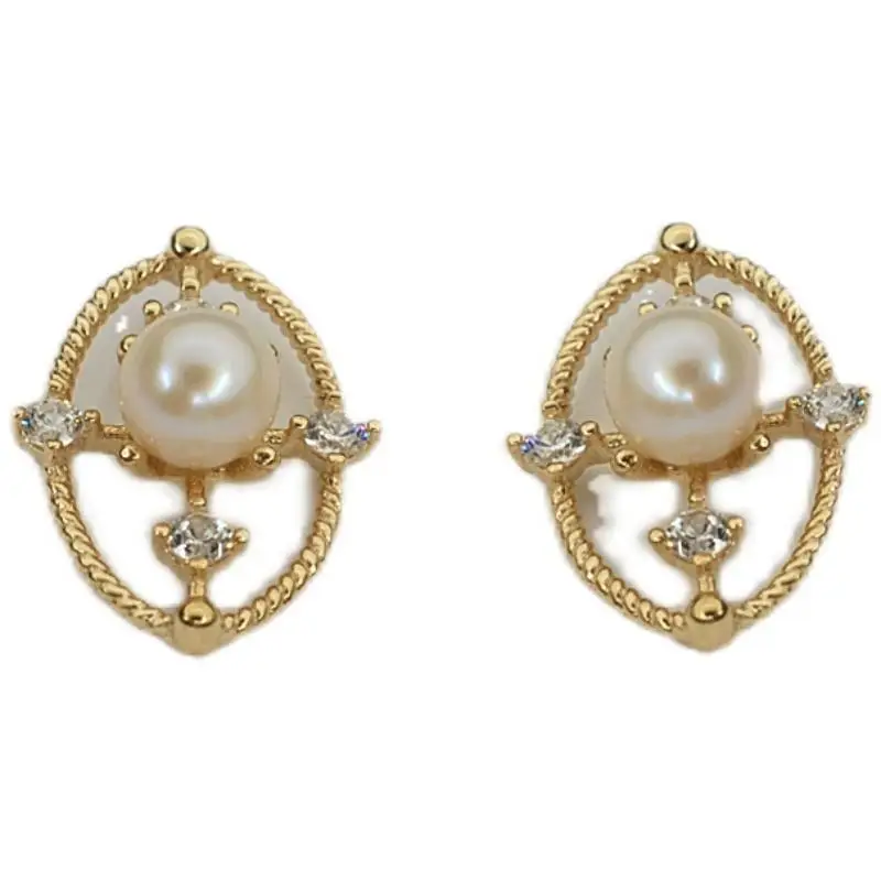 HI MAN 925 Sterling Silver French Cutout Oval Pearl Stud Earrings Women Elegant Court Vintage Jewelry Accessories