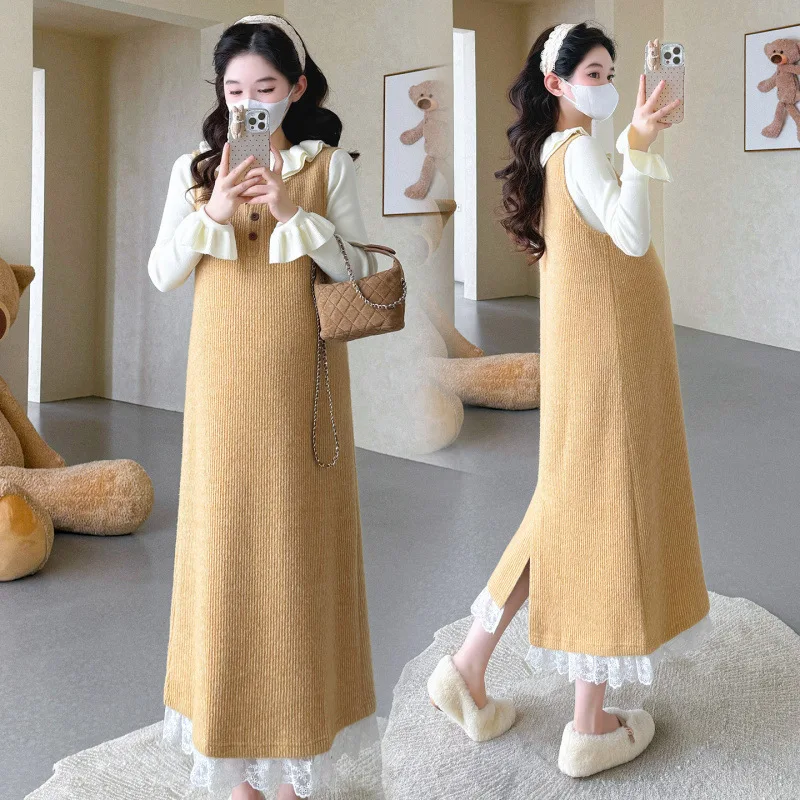 Maternity Suit Spring Autumn Gentle Elegant Temperament Ruffle Neck Sweater And Overall Maxi Dress With Lace Hem Two Piece Set