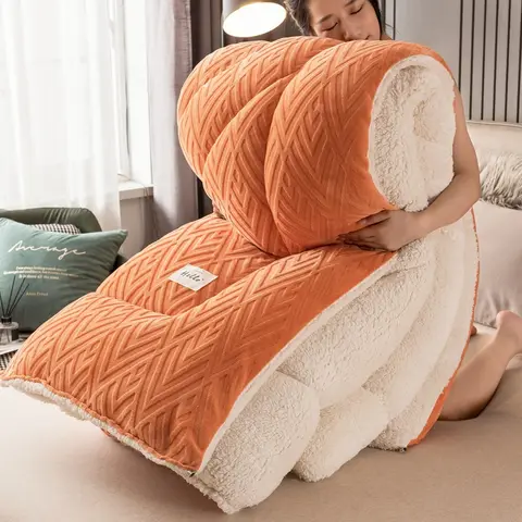 Embossed Velvet Thickened Warm Winter Comforter Soft Solid Color Coral Fleece Weighted Blanket for Bed Queen Size Sleeping Quilt