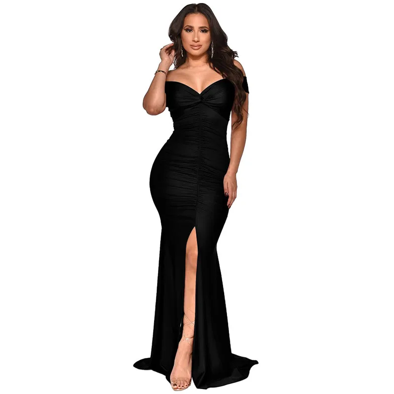 Nieuwe Zeemeermin Maxi Jurk Voor Vrouwen Feest Prom Elegante Dames Sexy Off Shoulder Diepe V-Hals Lange Slanke Split Jurken Zwart Wit Xxl