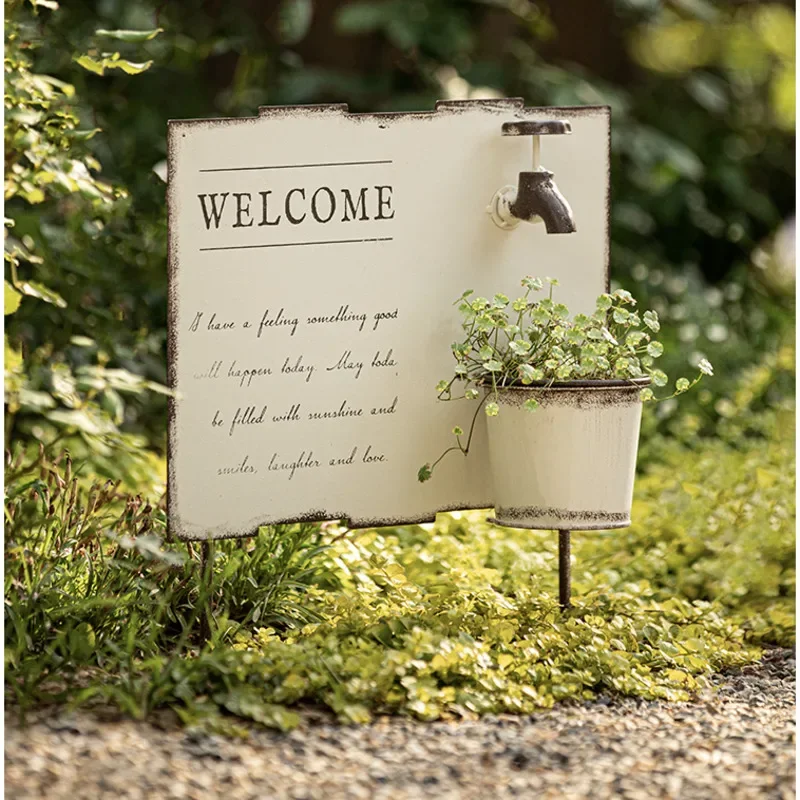 Creative Garden Flower Pot, Ironwork, Vintage Welcome Sign Courtyard Plug in Bonsai Basin, Versatile Scene, Gardening Decoration