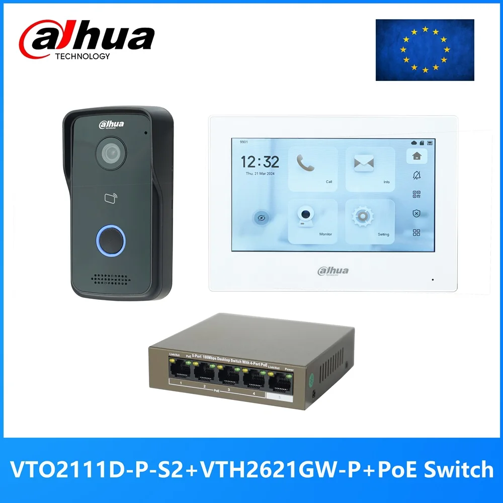 

Dahua Multi-Language IP Video Intercom KIT,VTO2111D-P-S2 & VTH2621GW-P / VTH2621G-P & PoE switch,support SIP,RFID Card Unlock