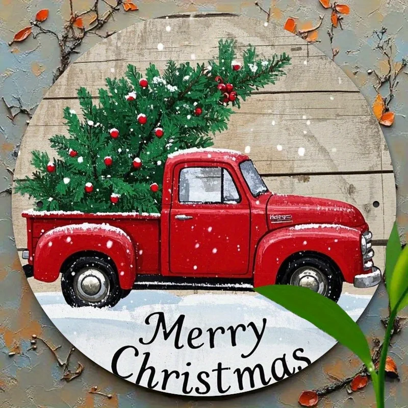 [2D شقة] 1 قطعة شاحنة حمراء عتيقة إكليل عيد الميلاد علامة معدنية-جولة 2D الحديد المسطح آرت ديكو ، عطلة احتفالية الجدار والباب شنقا f