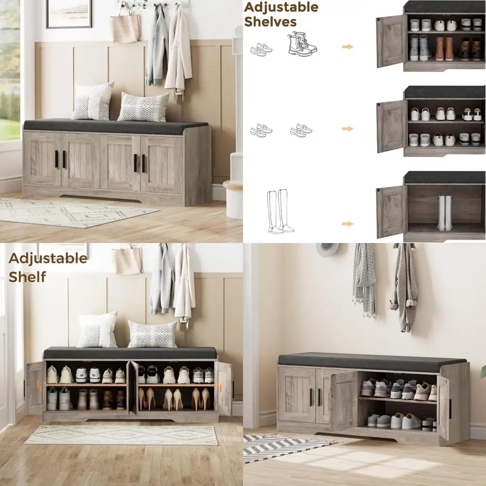 

Double-Tier Storage Shoe Bench with Padded Seat Cushion, Entryway Cabinet Featuring 4 Doors and Adjustable Shelves, 13.8 Inches