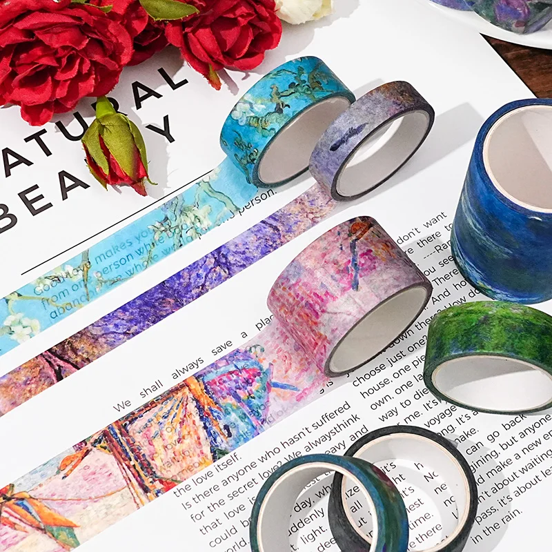 صندوق مكون من 32 لفة من لوحة زيتية فان جوخ السماء المرصعة بالنجوم اشي مجموعة شريط هدية صندوق ريترو ملصقات مخططة فنية ملونة ملصقات شريط المواد الزخرفية