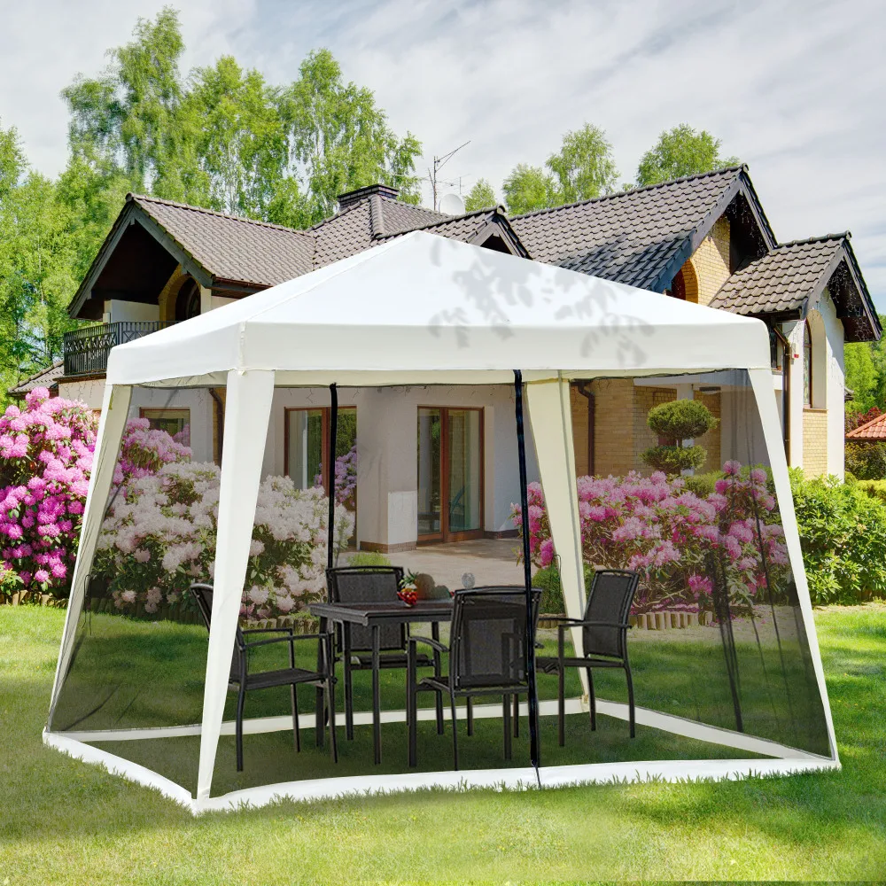 Off-white 10'x10' Outdoor Slanted-leg Sunshade Tent, Quick and Easy To Set Up, Upgraded Quality, Good Ventilation, with Mesh Sidewalls, Suitable for Parties, Patio Tents, Camping Trips.