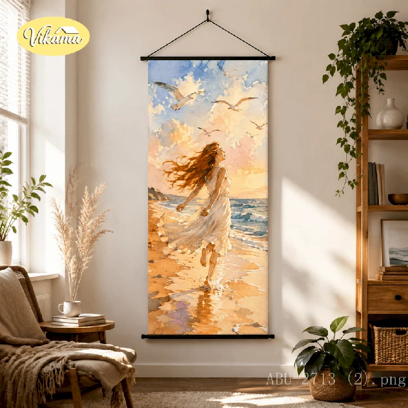 VIKAMA Beach Canvas Wall Art Woman Walking Seagull Sunset Ocean Watercolor Coastal Living Room Wall Art Decor