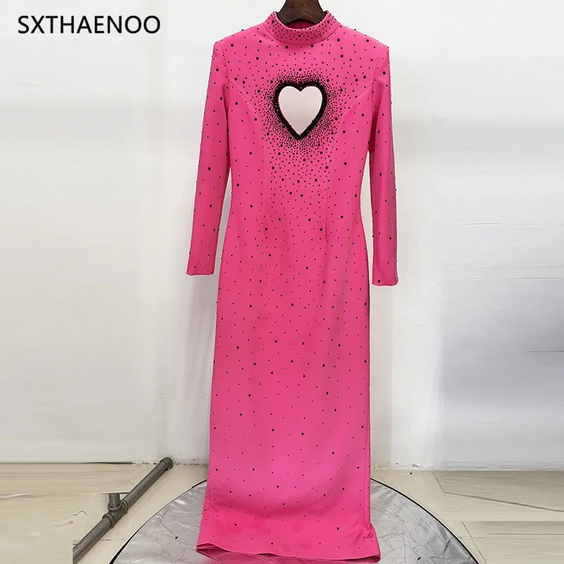 SXTHAENOO Heavy Industries Diamond Velvet vloerlengte jurk dames lange mouw elegante formele beroemdheid avondfeestjurken