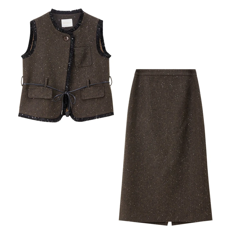 SENTUBILA ensemble 2 pièces femme 2025 hiver ceintures détachables gilet jupe Midi mélange de laine paillettes gland garniture costume femme 154ZC4888