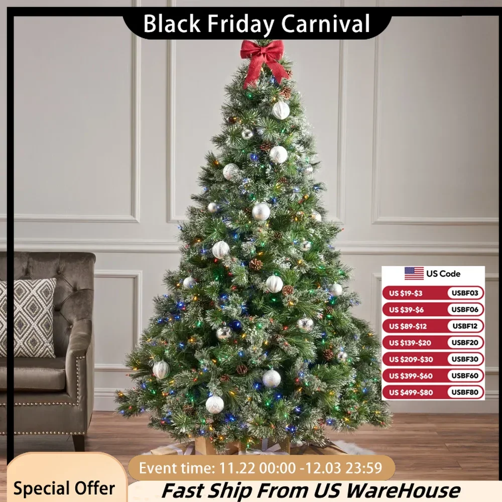 7FT Christmas Tree, Xmas Tree with 5Pine Cones and 900 LED Lights-UL,1233Tips, PE & PVC Mixed Leaves, Christmas Decor 2024