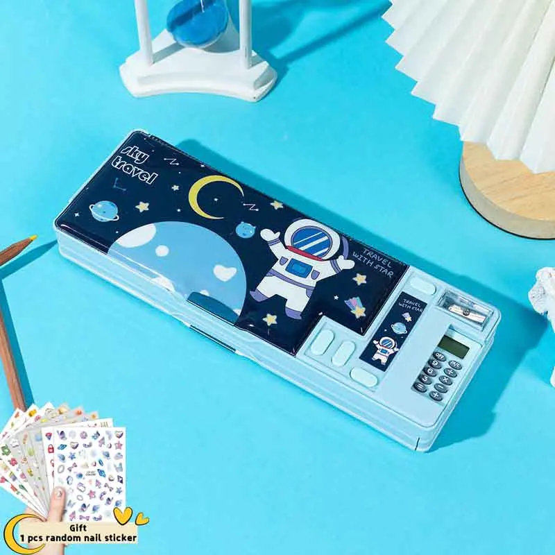 Comes with A Multifunctional Double-layer Pencil Case with Built-in Calculator, Children's Cartoon, and Large Capacity
