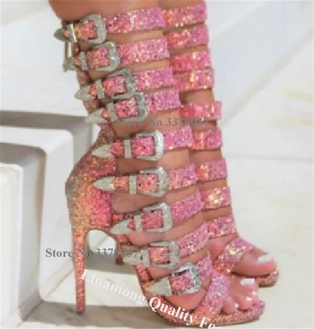 Linamong Bling Bling Pink Glitters Stiletto Heel Short Gladiator Boots Open Toe Sequined Strappy Metal Buckles Thin Heel Sandals view 3