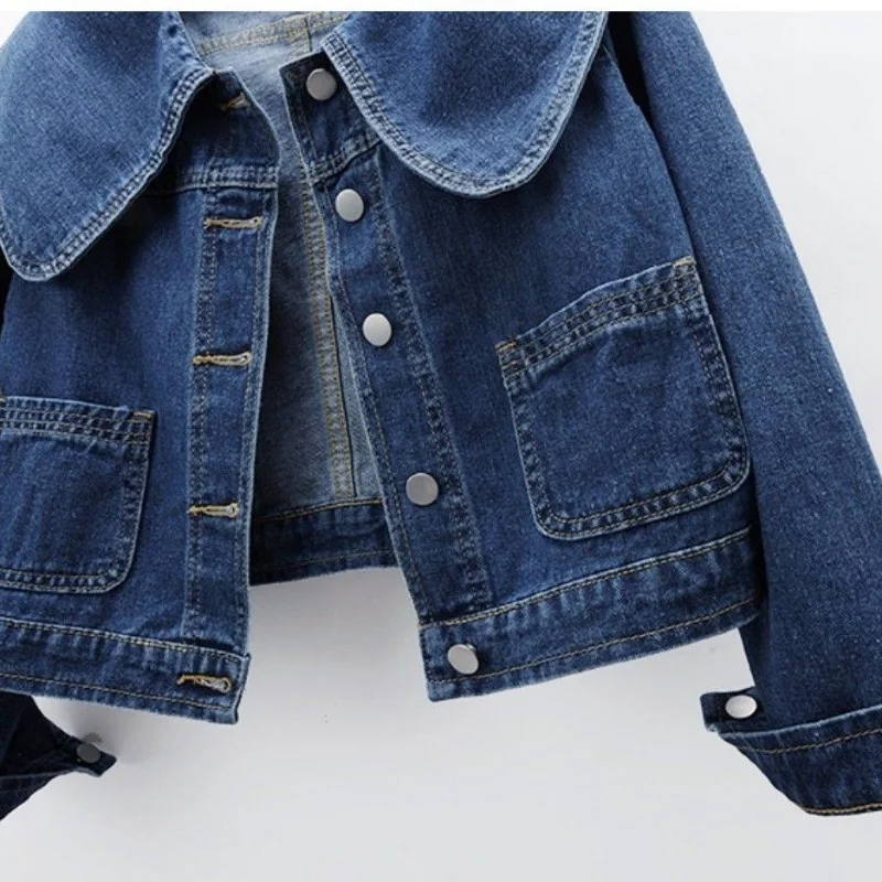 2023 New Women Denim Jackets Korean Sailor Collar Fashion Long Sleeves Button Jean Coat Vintage Crop Female Casual Loose Outwear