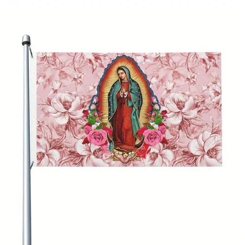 Our Lady of Guadalupe Flag with Pink Floral Background 3x5 Ft Outdoor Indoor Virgin Mary Banner