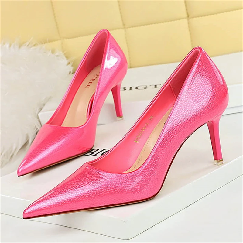 BIGTREE Elegant Simple Woman Heels Slim Heels High Heels Shallow Mouth Pointed Crystal Patent Leather Single Shoes Women Shoes