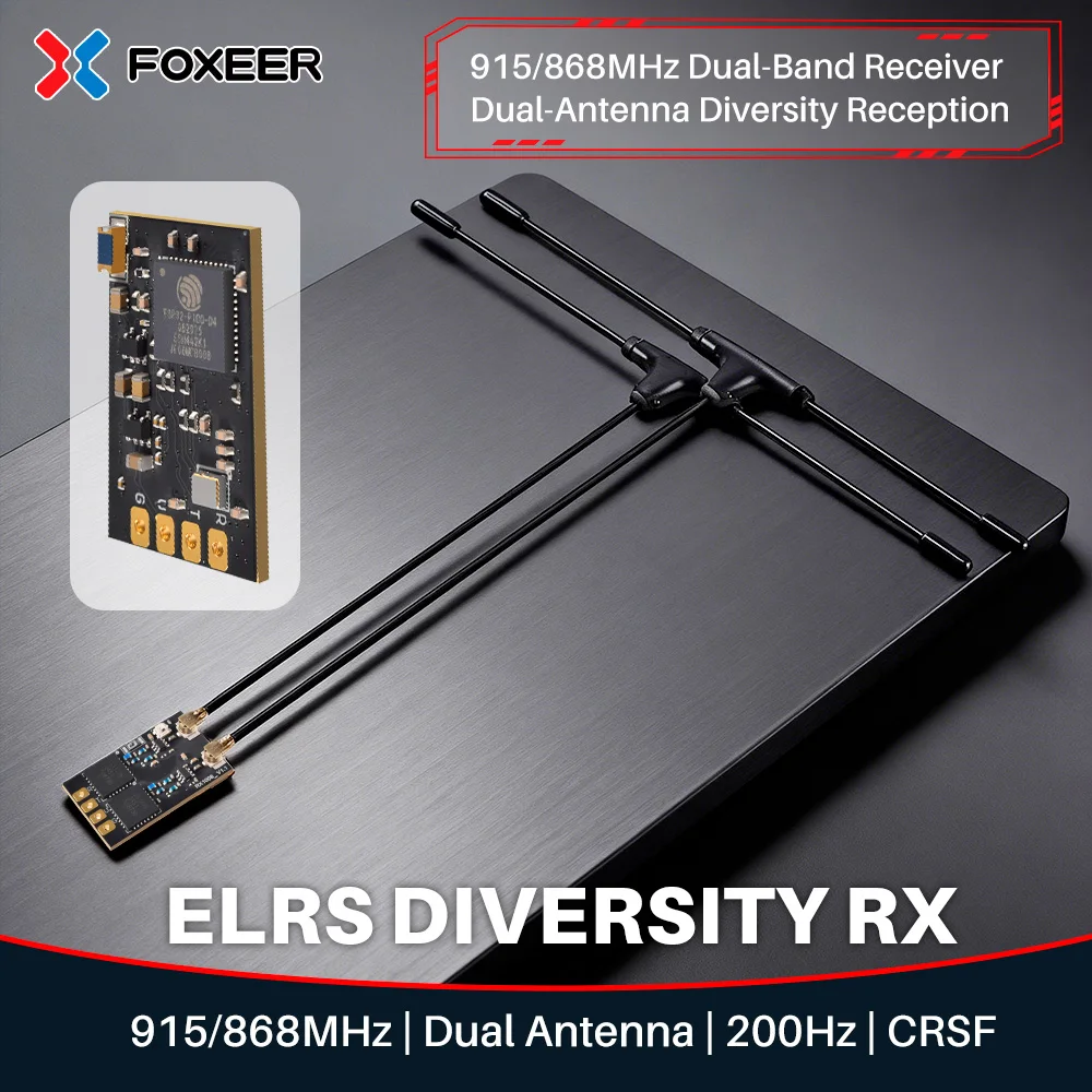 Foxeer ELRS Diversity 915/868MHz Receiver 25‑200Hz Refresh Rate CRSF Dual‑Antenna Diversity 4‑5.5V For Long Range FPV Drone