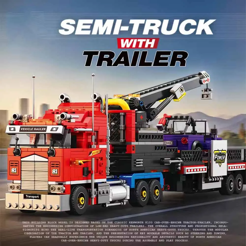 Technical Semi Truck Tractor Flatbed Trailer Building Blocks Crane Mounted Transport Car Bricks Model Desktop Ornamen 1387PCS