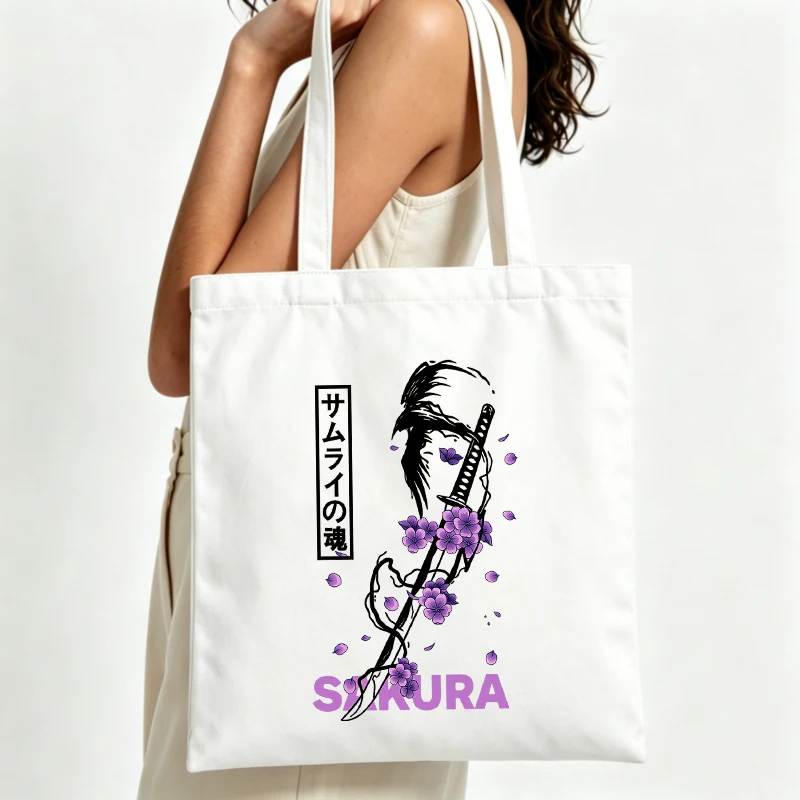 Women's canvas tote bag with katana and cherry blossom graphic, casual style for daily shopping and outings