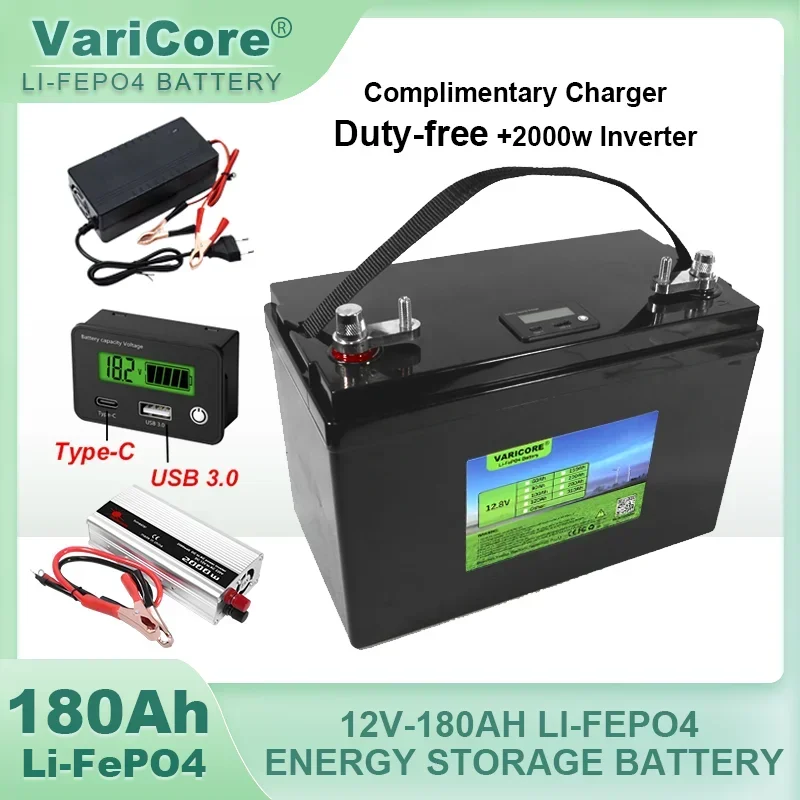 VariCore 12V/12.8v 120ah 180ah LiFePO4 Battery 14.6v Outdoors Touring Car Multifunctional USB Type-C Output for Travel Golf cart