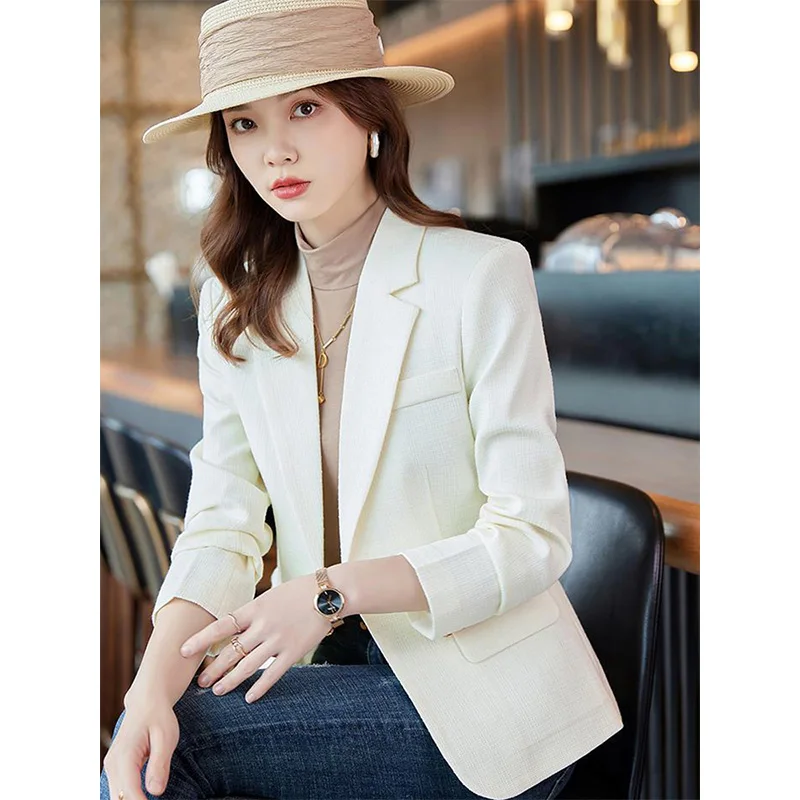 الحد الأدنى عادية منقوشة السترة زر واحد أنيقة الراقية طويلة الأكمام بلايز سترة رسمية الكورية العصرية موضة المرأة القماش #4