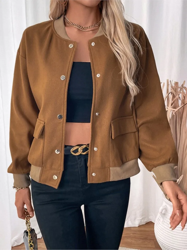 Women's Clothing Retro Casual Simple Style Contrast Color Cardigan Button Baseball Collar Jacket Commuting All-match Vintage